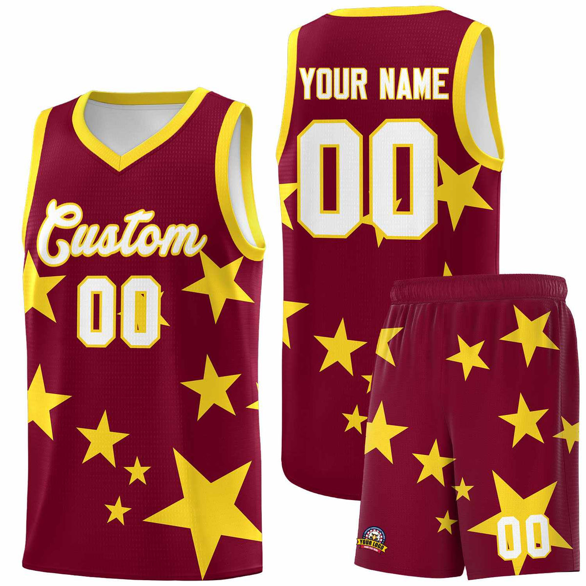 Custom Crimson Gold Graffiti Pattern Star Print Basketball Jersey Sets