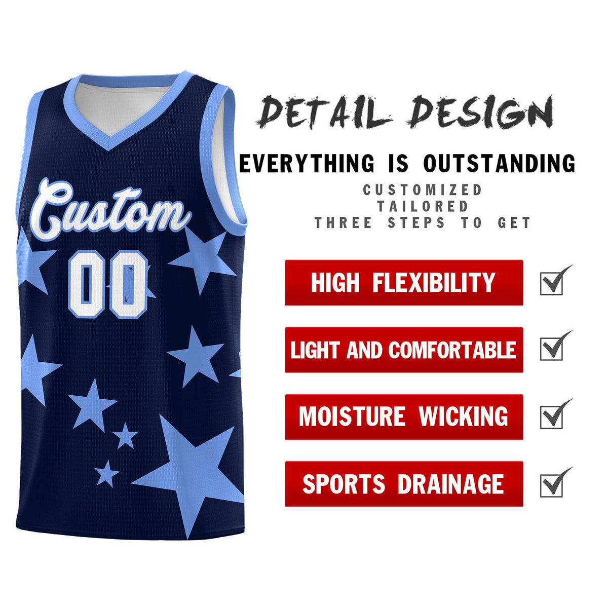 Custom Navy Light Blue Graffiti Pattern Star Print Basketball Jersey Sets