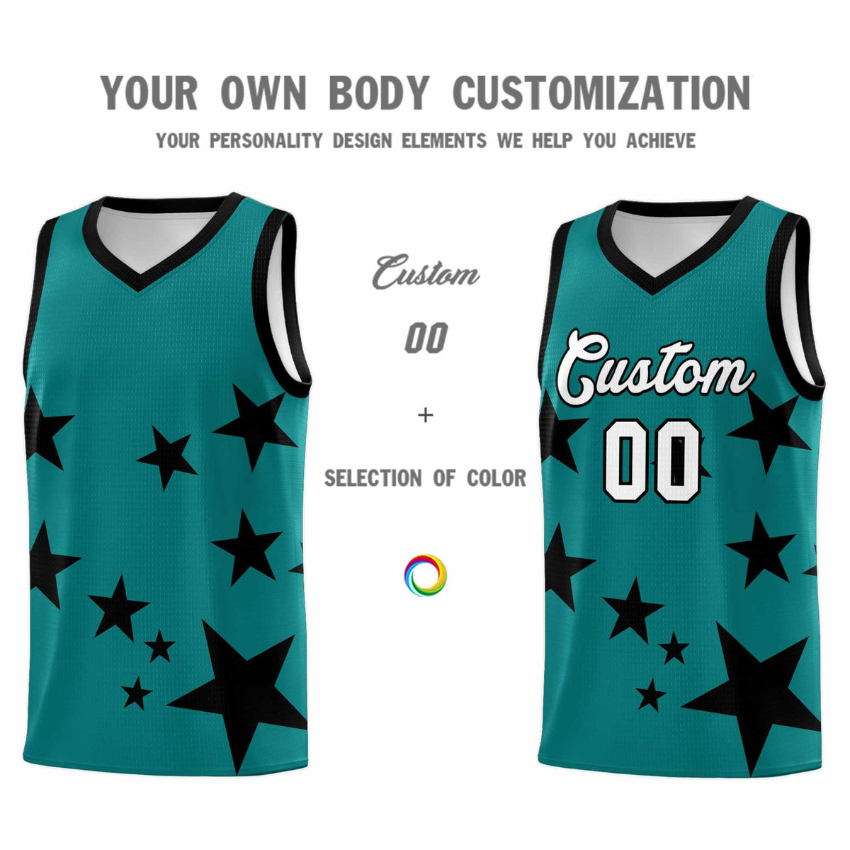 Custom Aqua Black Graffiti Pattern Star Print Basketball Jersey Sets