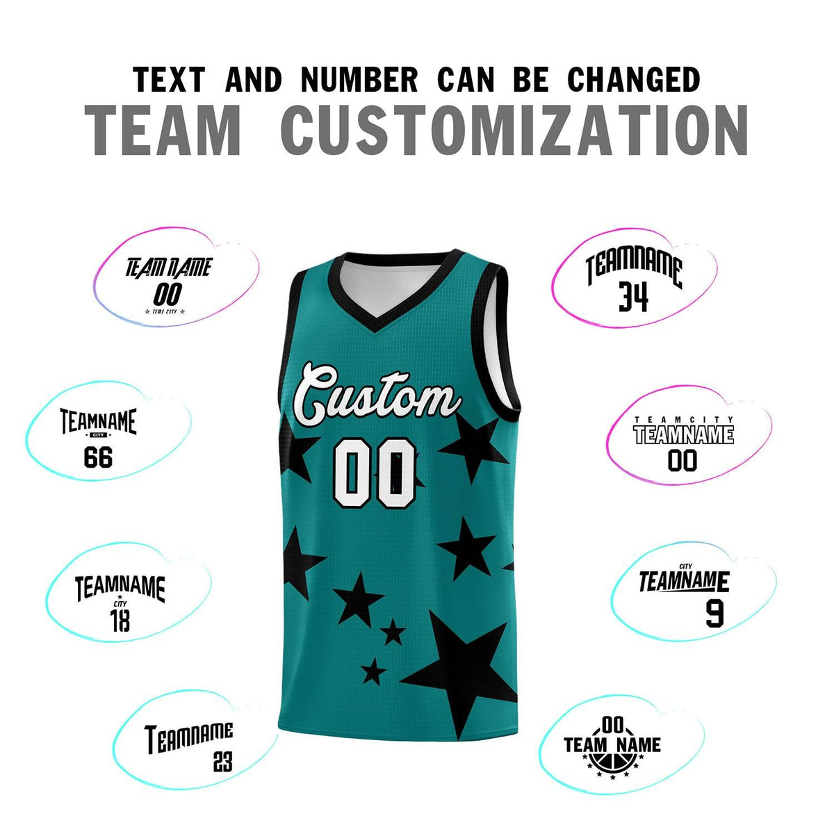 Custom Aqua Black Graffiti Pattern Star Print Basketball Jersey Sets