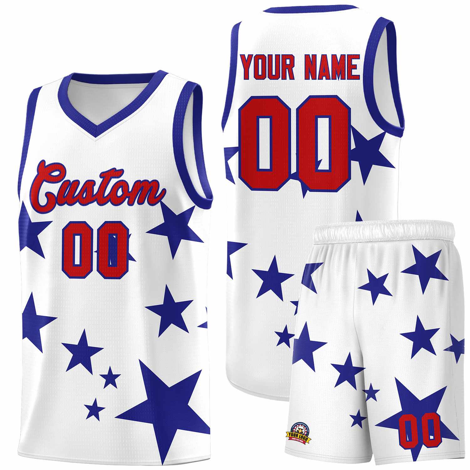 Custom White Royal Graffiti Pattern Star Print Basketball Jersey Sets