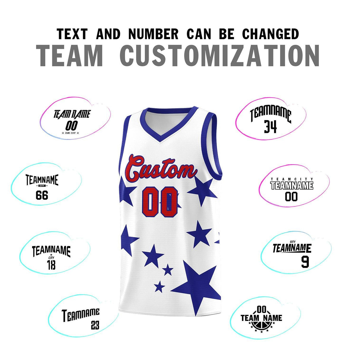 Custom White Royal Graffiti Pattern Star Print Basketball Jersey Sets