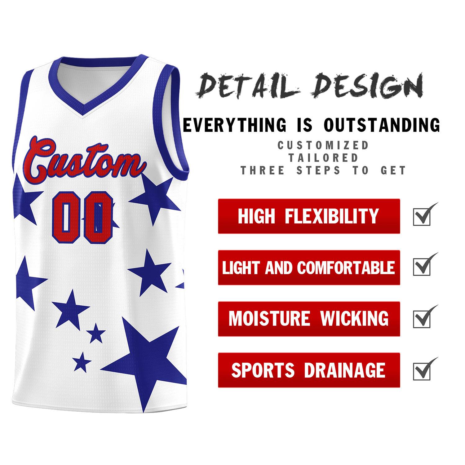 Custom White Royal Graffiti Pattern Star Print Basketball Jersey Sets