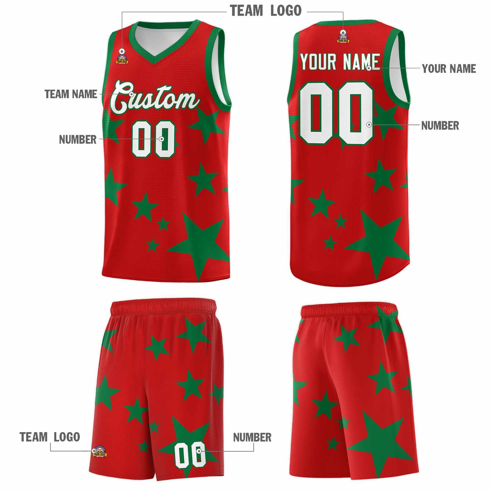 Custom Red Kelly Green Graffiti Pattern Star Print Basketball Jersey Sets