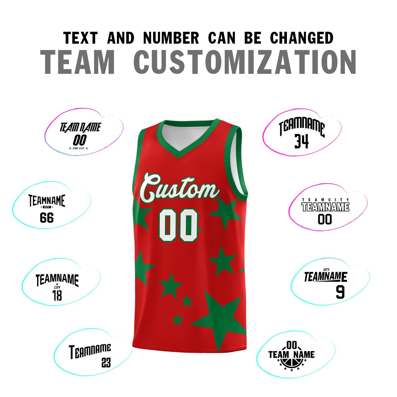 Custom Red Kelly Green Graffiti Pattern Star Print Basketball Jersey Sets