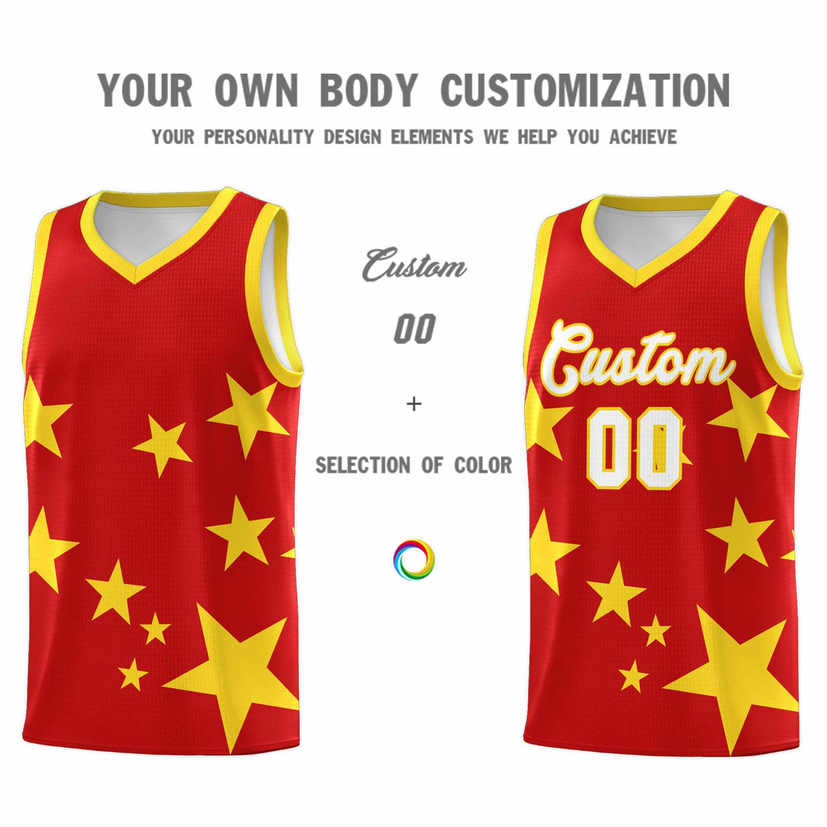 Custom Red Gold Graffiti Pattern Star Print Basketball Jersey Sets