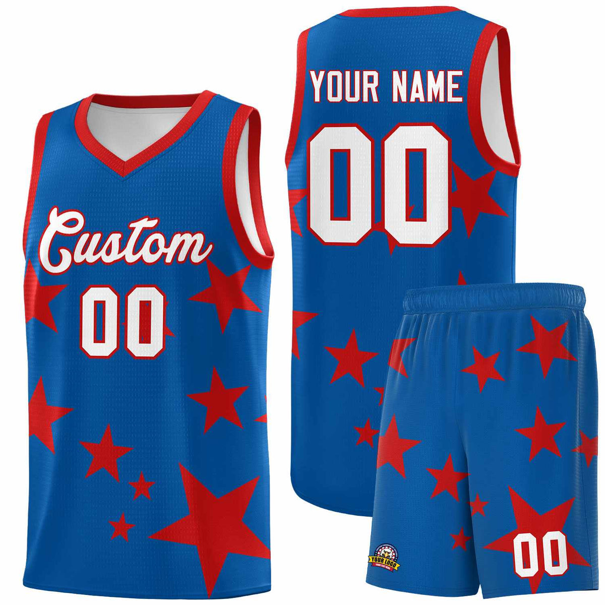 Custom Royal Red Graffiti Pattern Star Print Basketball Jersey Sets