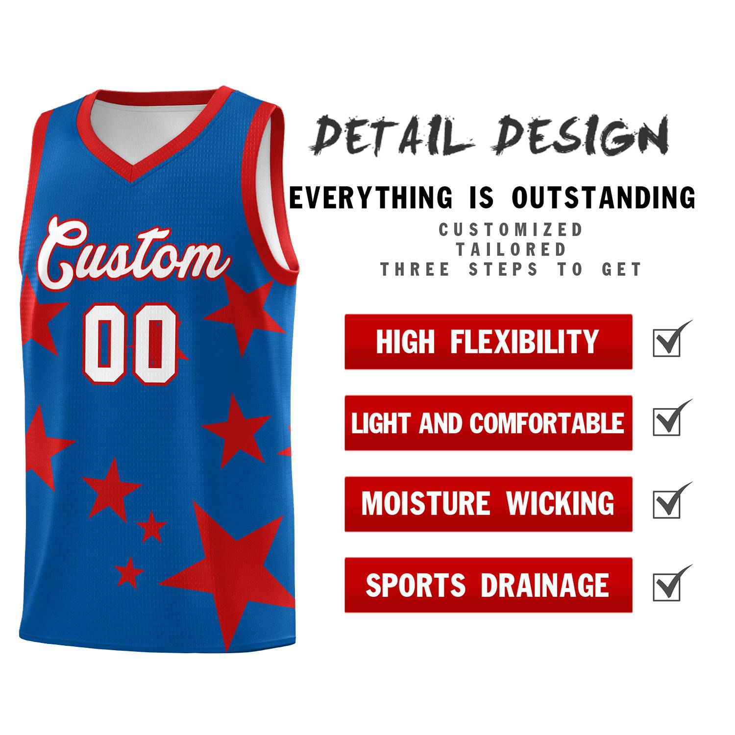Custom Royal Red Graffiti Pattern Star Print Basketball Jersey Sets