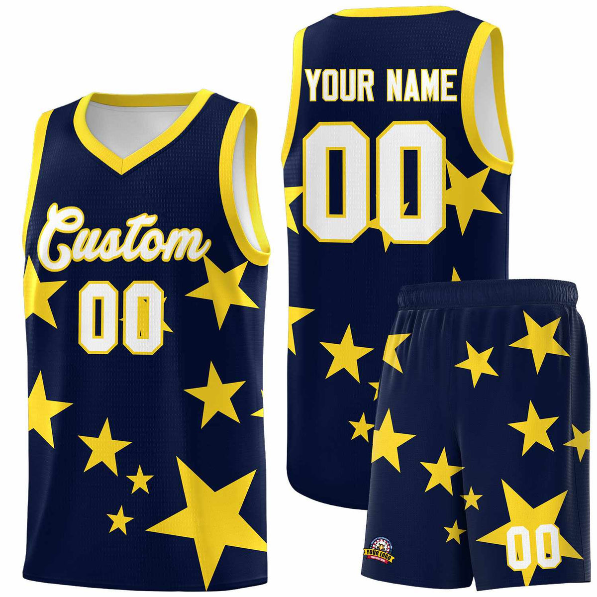 Custom Navy Gold Graffiti Pattern Star Print Basketball Jersey Sets