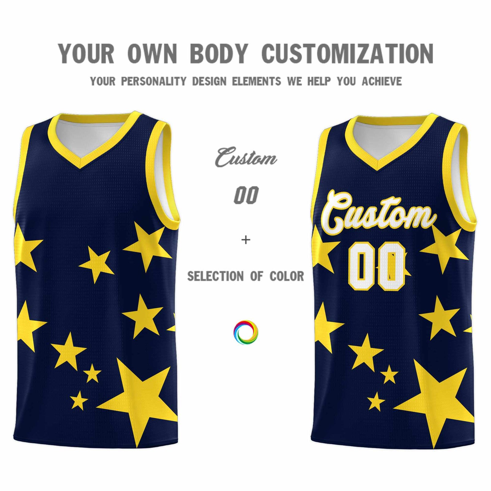 Custom Navy Gold Graffiti Pattern Star Print Basketball Jersey Sets