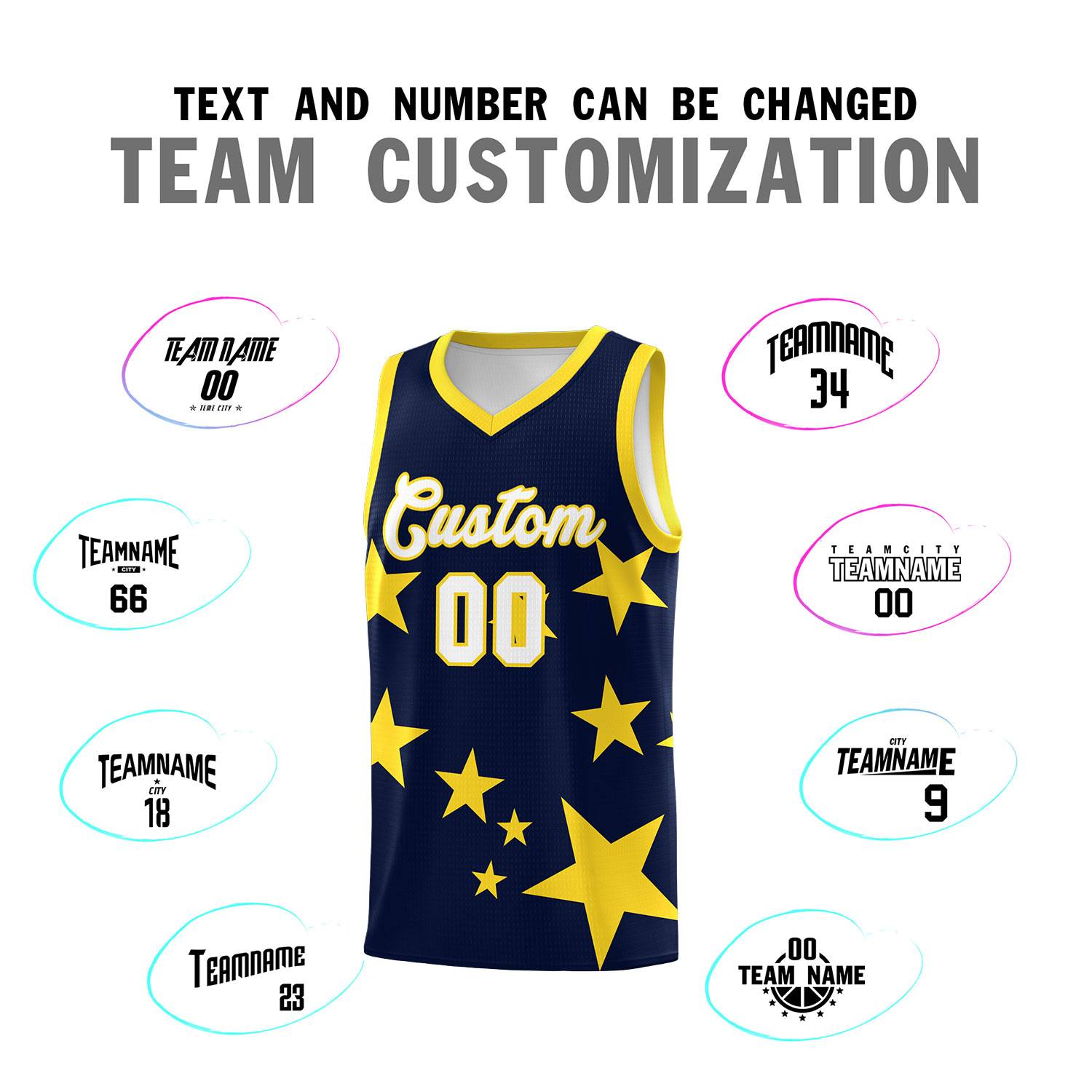 Custom Navy Gold Graffiti Pattern Star Print Basketball Jersey Sets