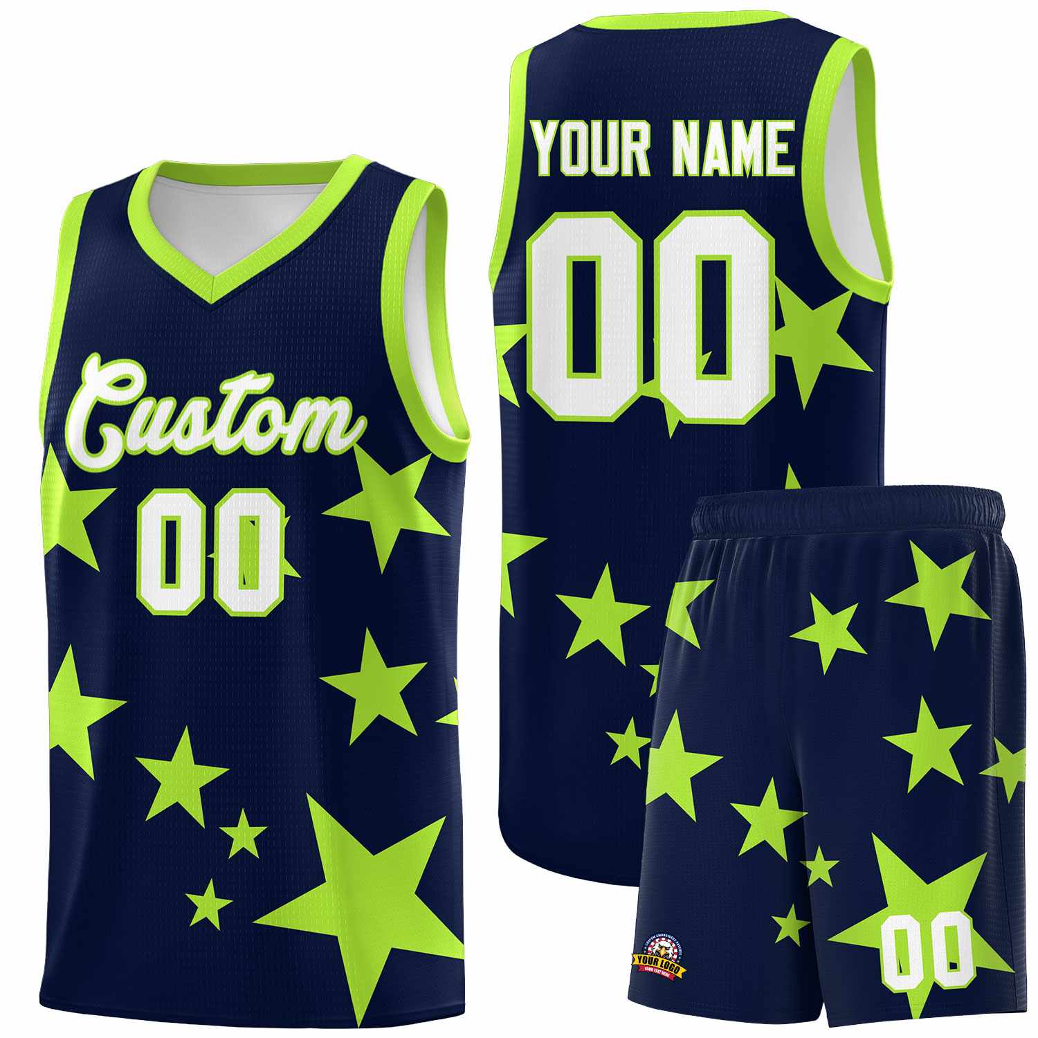 Custom Navy Light Green Graffiti Pattern Star Print Basketball Jersey Sets