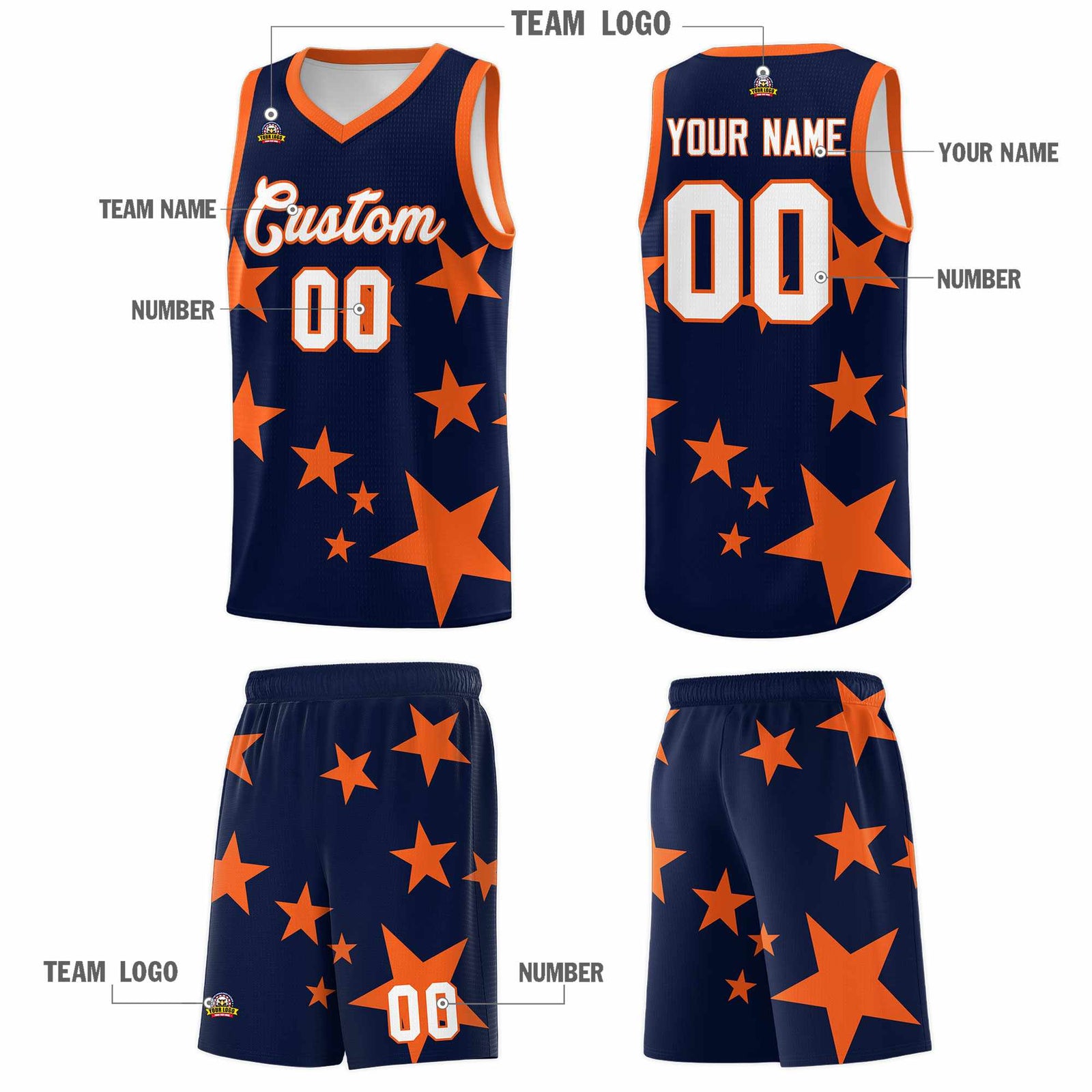Custom Navy Orange Graffiti Pattern Star Print Basketball Jersey Sets