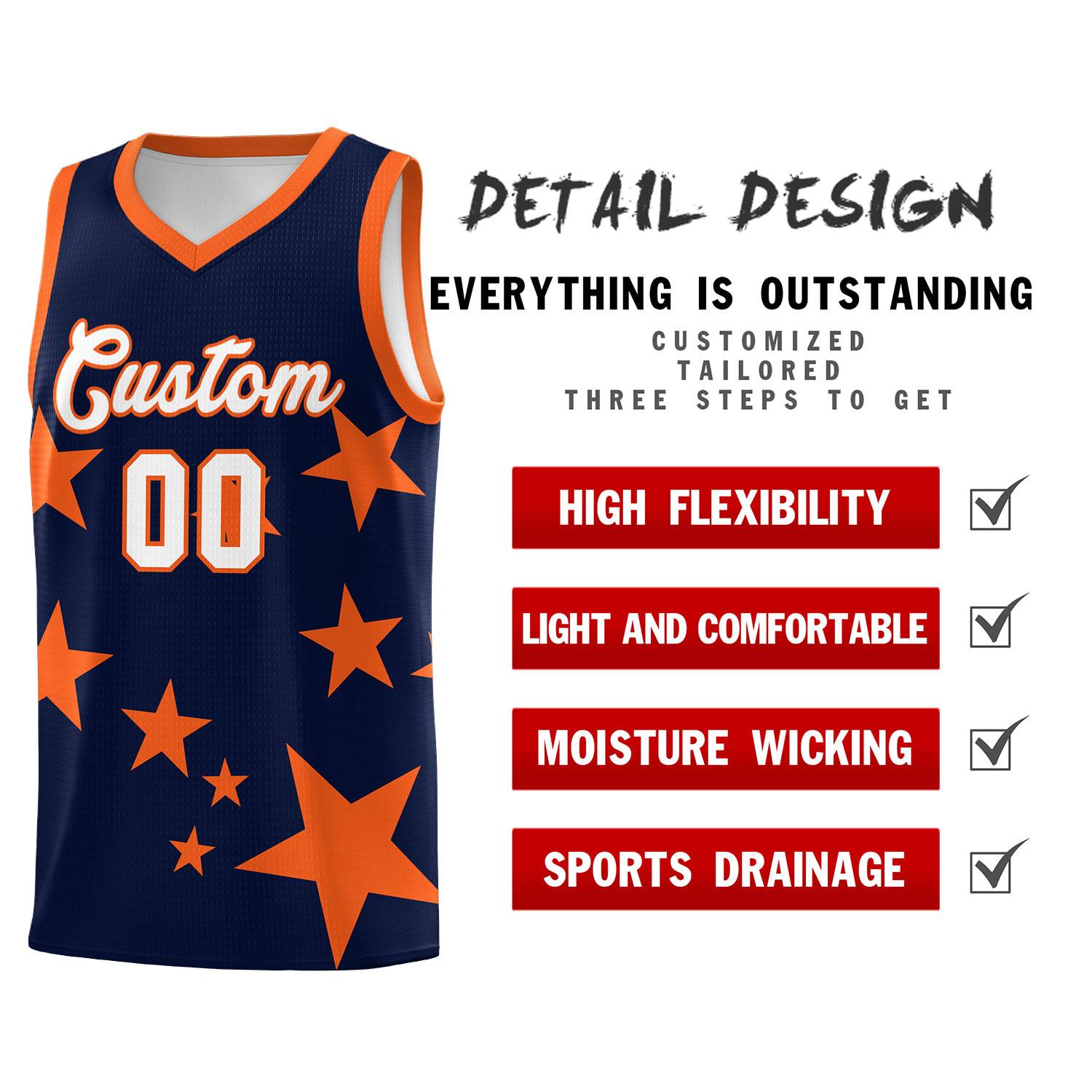 Custom Navy Orange Graffiti Pattern Star Print Basketball Jersey Sets
