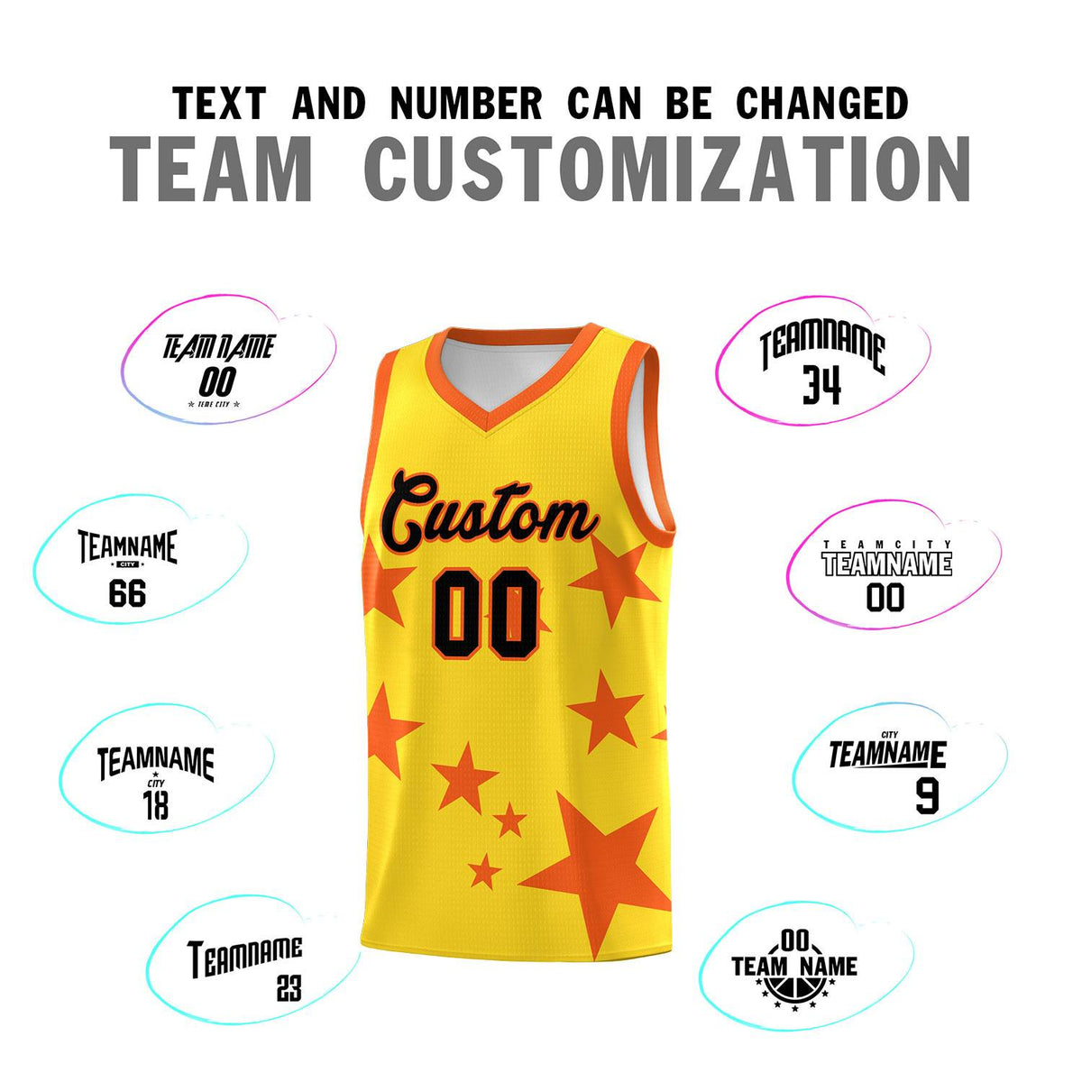 Custom Gold Orange Graffiti Pattern Star Print Basketball Jersey Sets