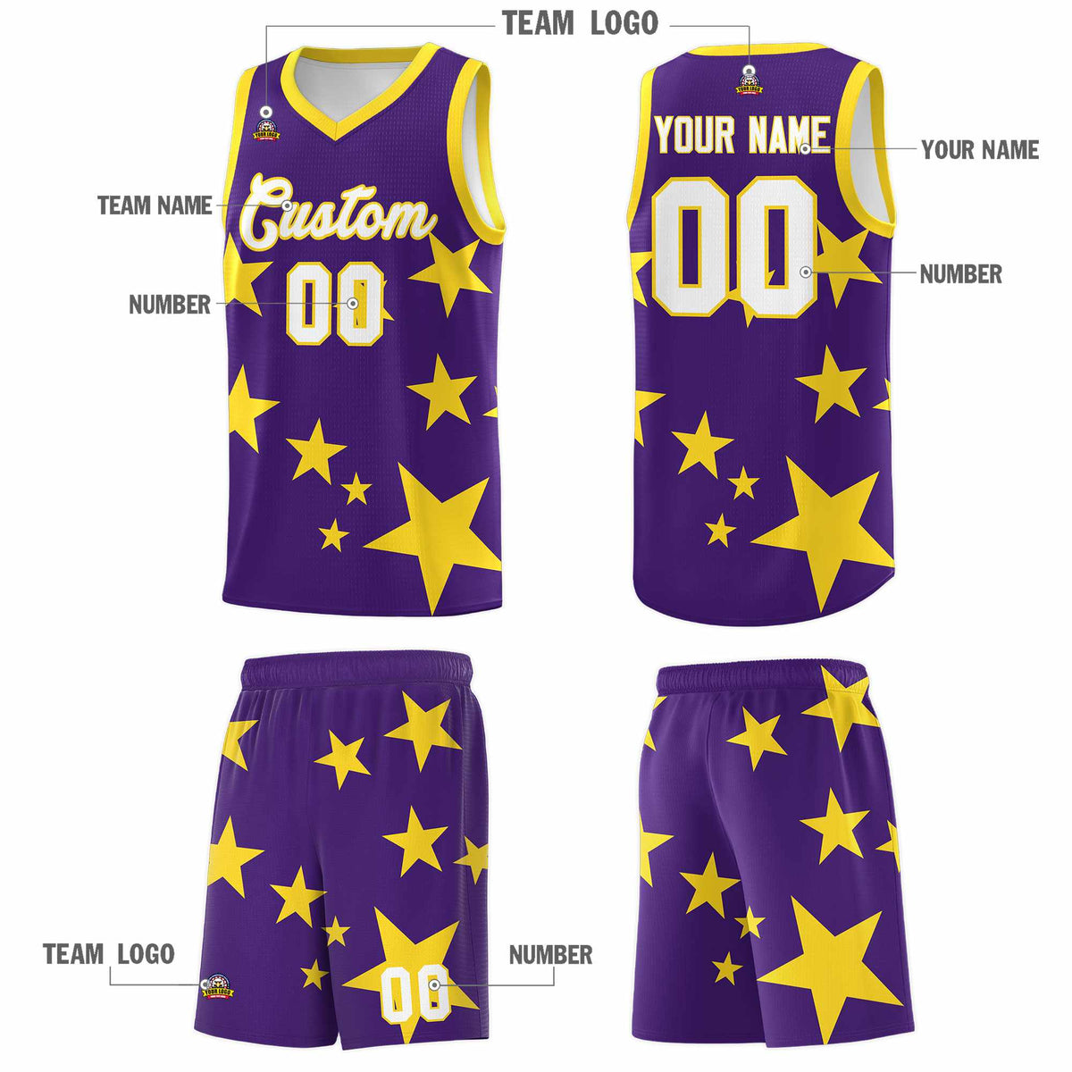 Custom Purple Gold Graffiti Pattern Star Print Basketball Jersey Sets