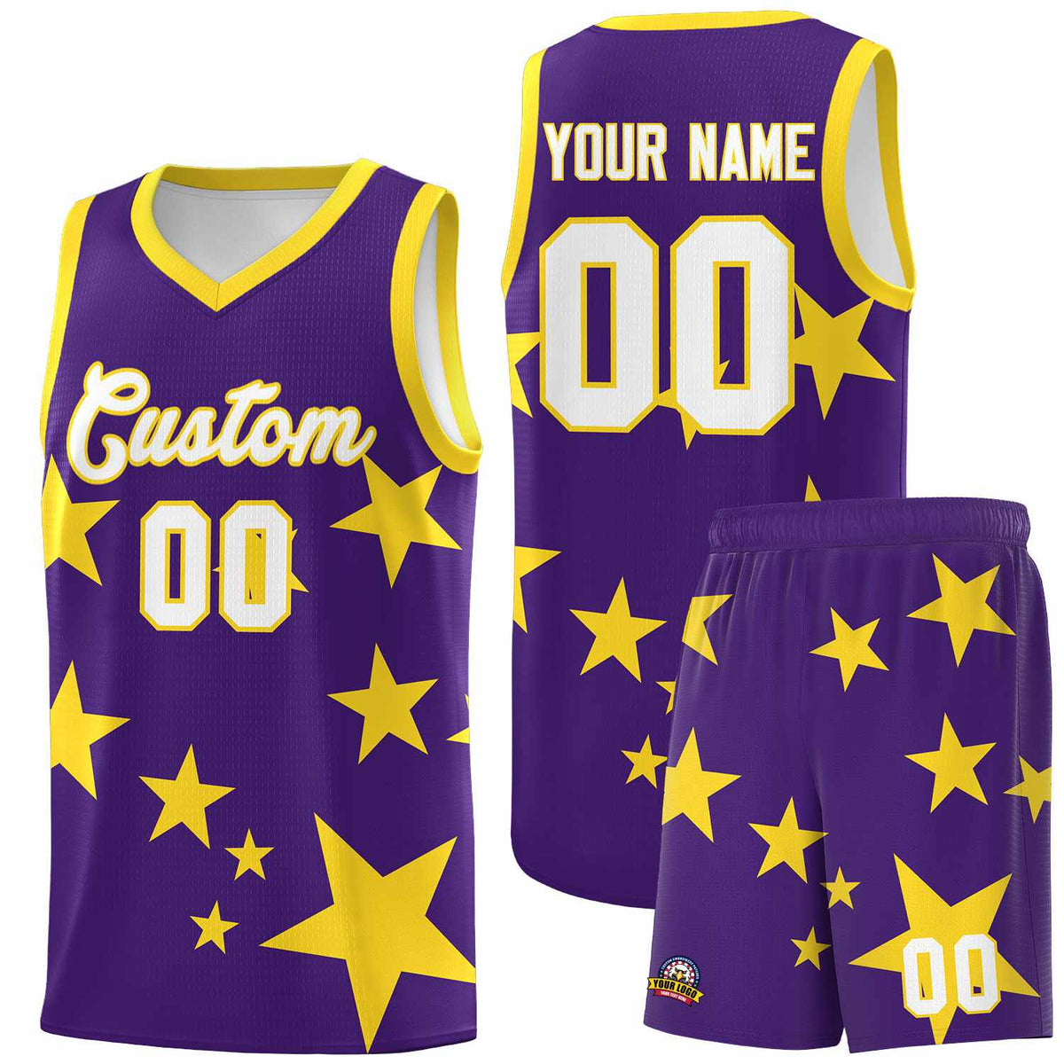 Custom Purple Gold Graffiti Pattern Star Print Basketball Jersey Sets