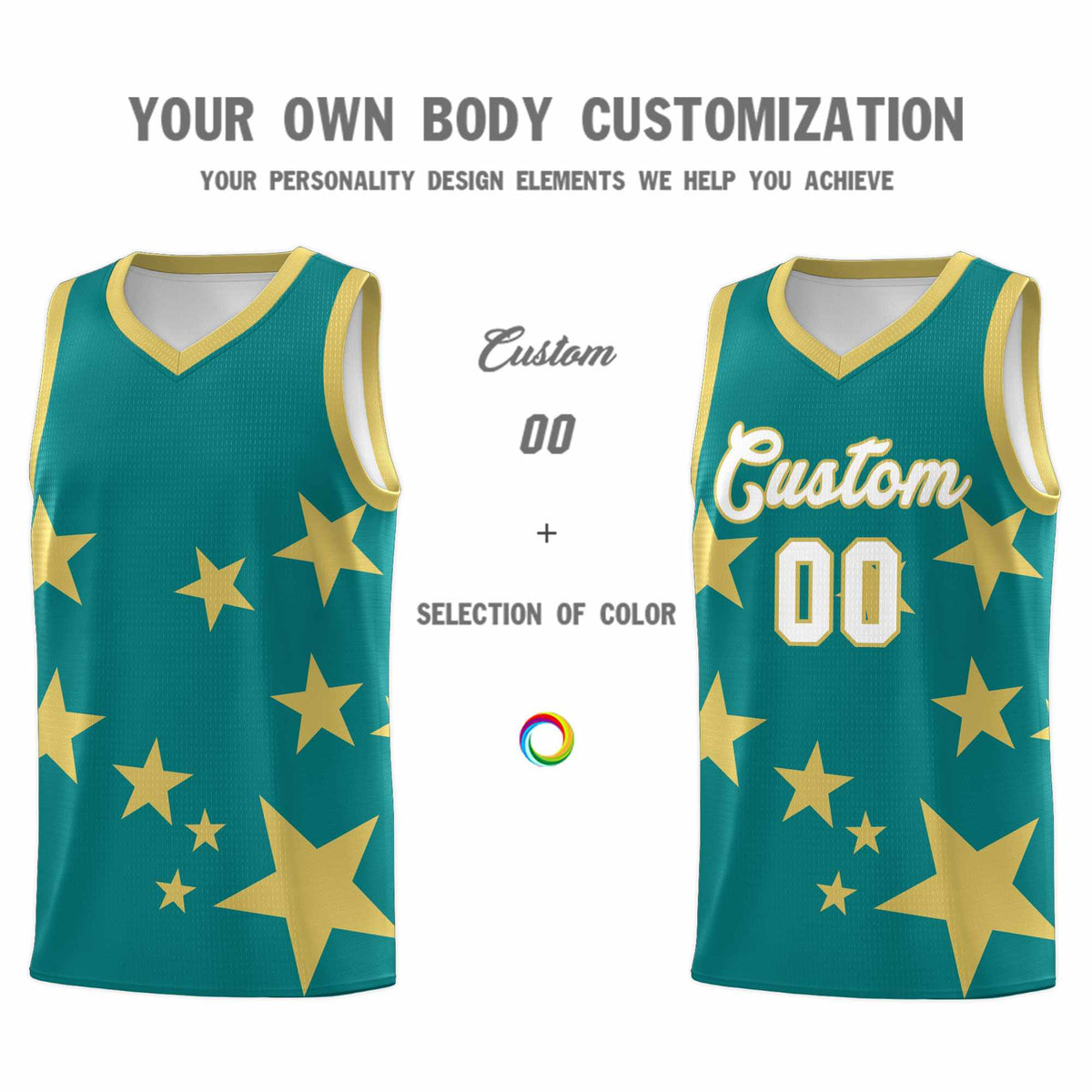Custom Aqua Old Gold Graffiti Pattern Star Print Basketball Jersey Sets