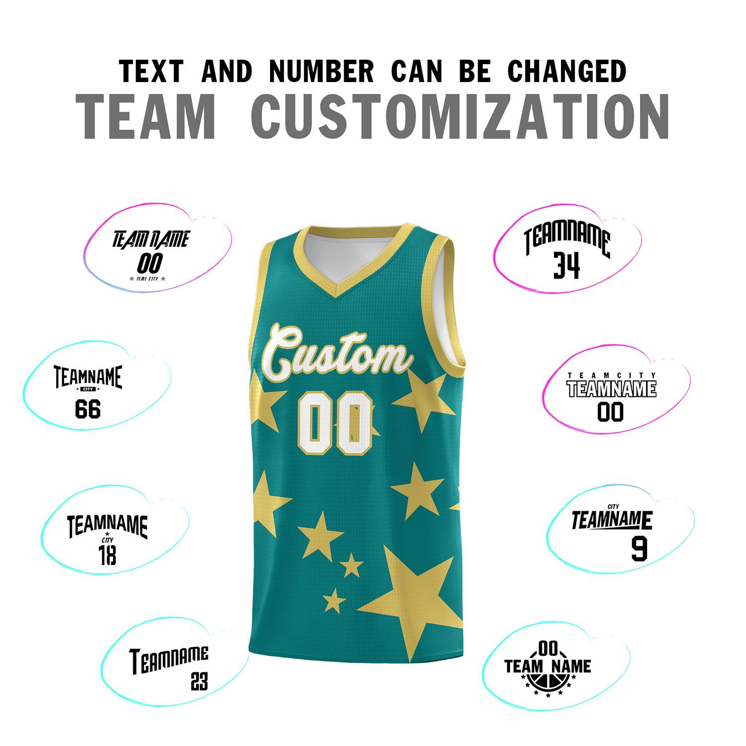 Custom Aqua Old Gold Graffiti Pattern Star Print Basketball Jersey Sets