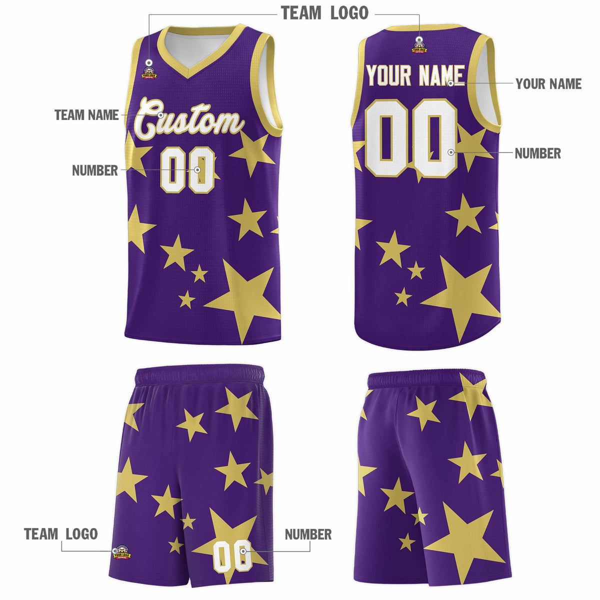 Custom Purple Old Gold Graffiti Pattern Star Print Basketball Jersey Sets
