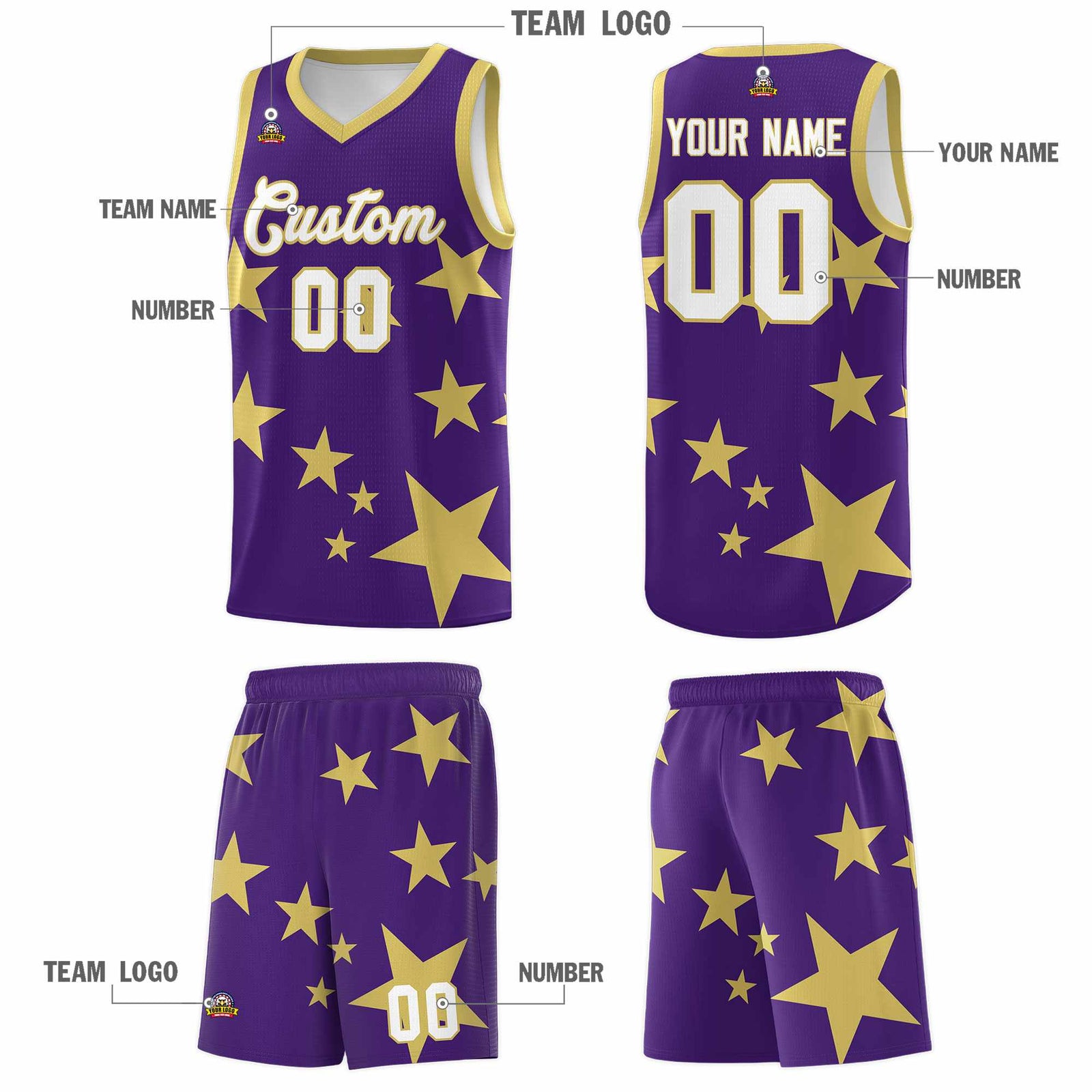 Custom Purple Old Gold Graffiti Pattern Star Print Basketball Jersey Sets