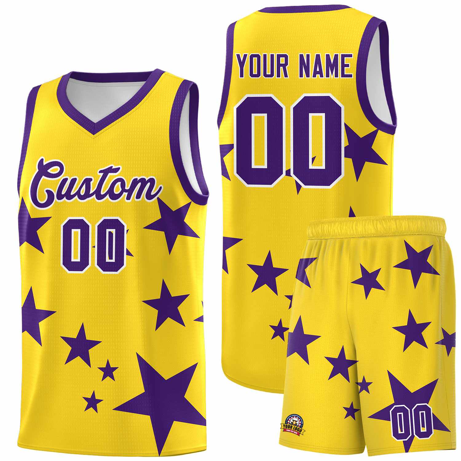 Custom Gold Purple Graffiti Pattern Star Print Basketball Jersey Sets