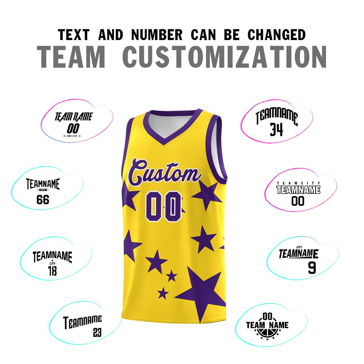 Custom Gold Purple Graffiti Pattern Star Print Basketball Jersey Sets