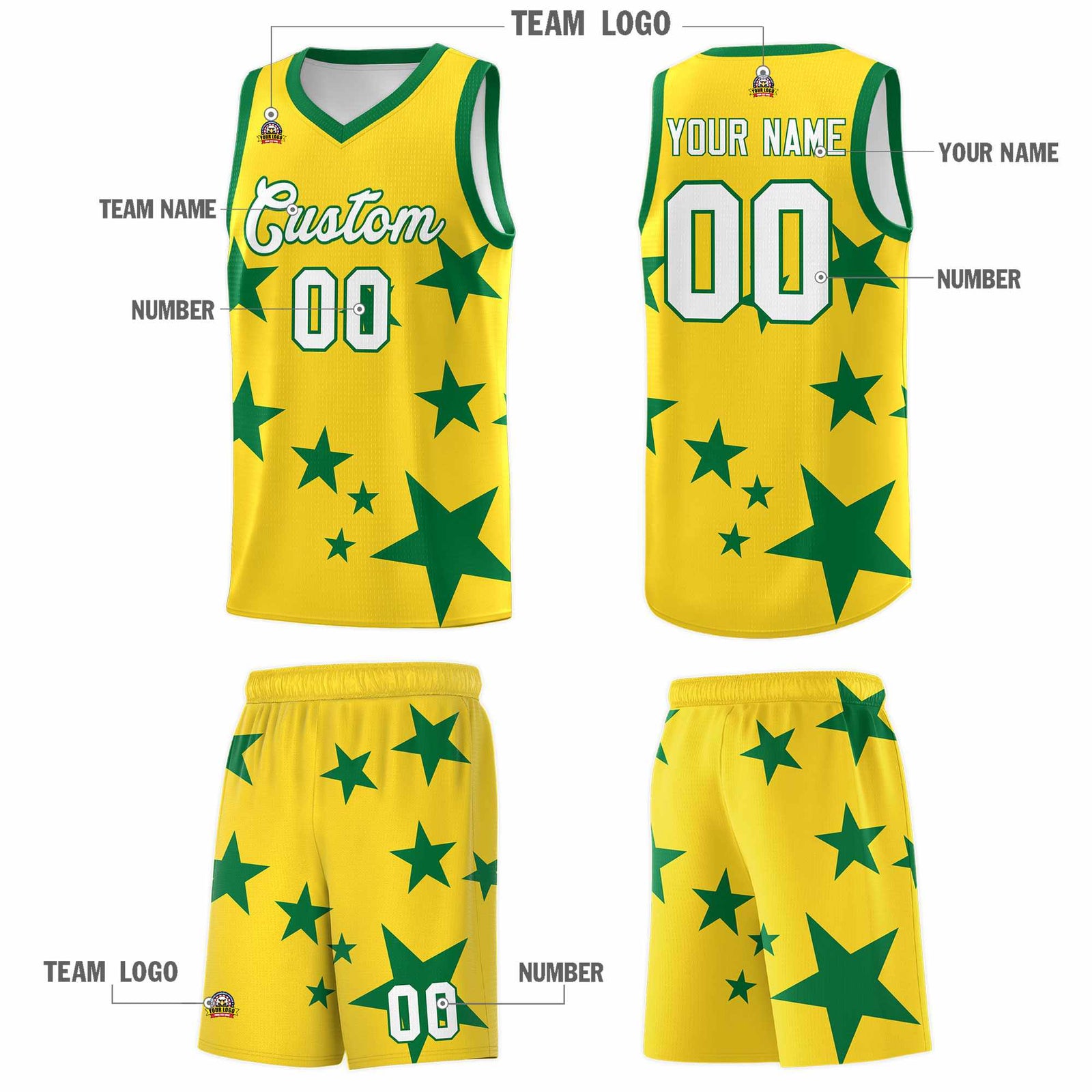 Custom Gold Kelly Green Graffiti Pattern Star Print Basketball Jersey Sets