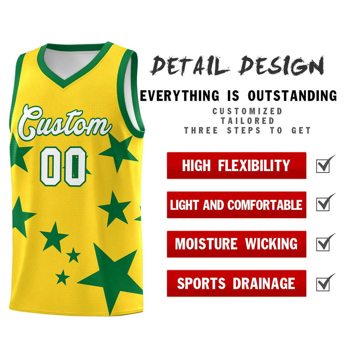 Custom Gold Kelly Green Graffiti Pattern Star Print Basketball Jersey Sets