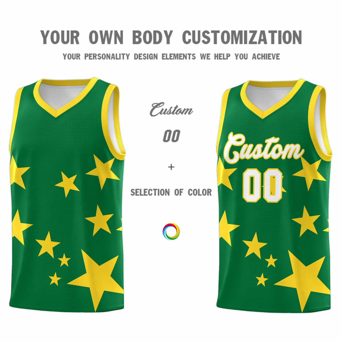 Custom Kelly Green Gold Graffiti Pattern Star Print Basketball Jersey Sets