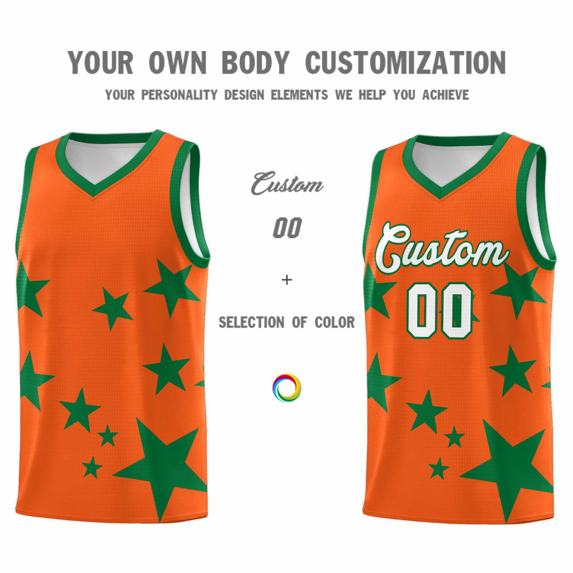 Custom Orange Kelly Green Graffiti Pattern Star Print Basketball Jersey Sets