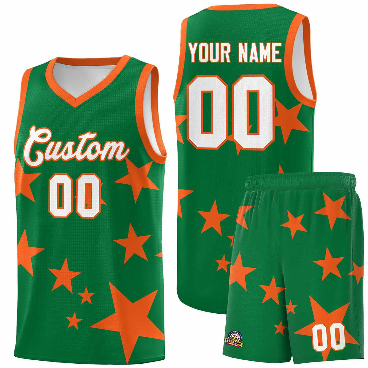 Custom Kelly Green Orange Graffiti Pattern Star Print Basketball Jersey Sets