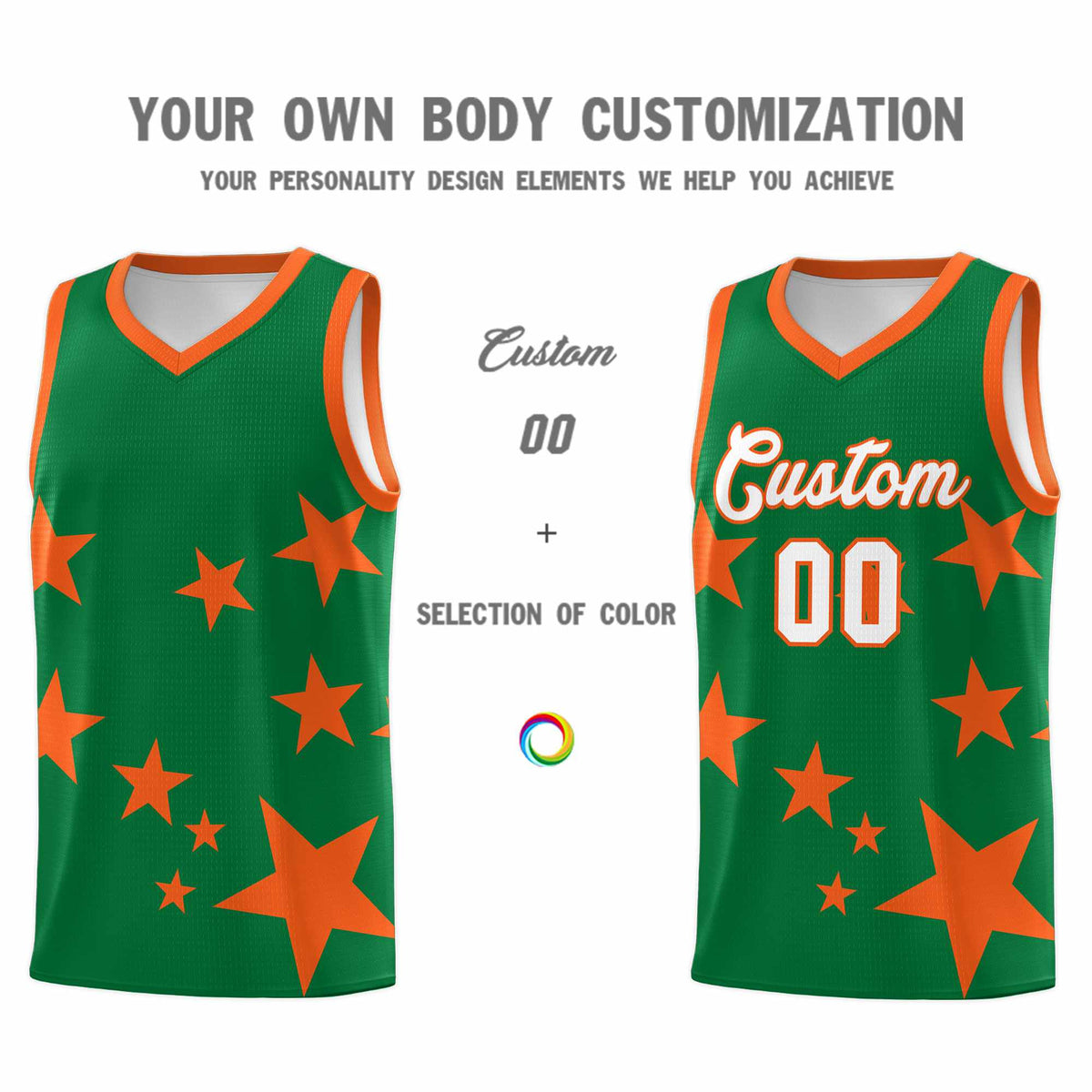 Custom Kelly Green Orange Graffiti Pattern Star Print Basketball Jersey Sets