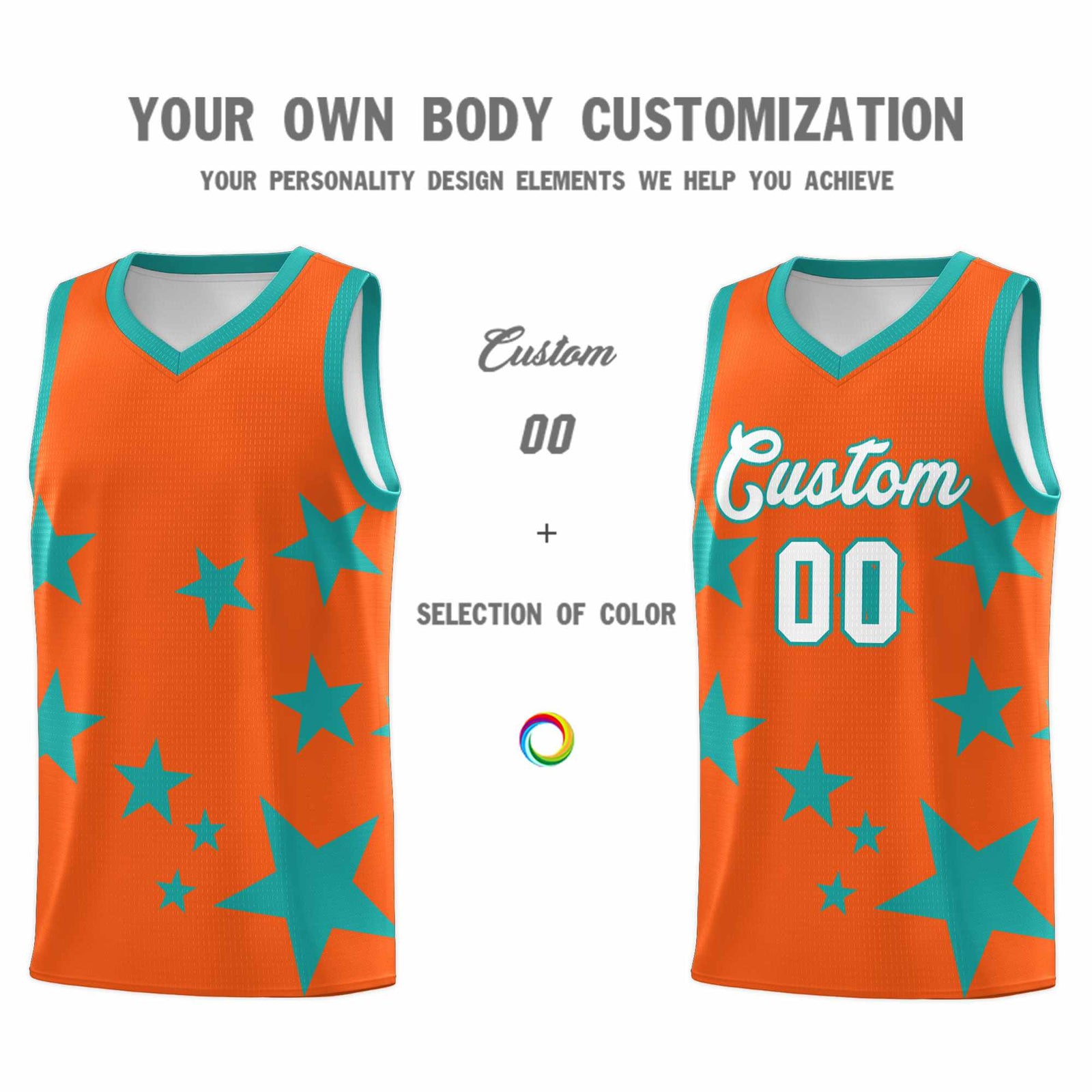 Custom Orange Aqua Graffiti Pattern Star Print Basketball Jersey Sets