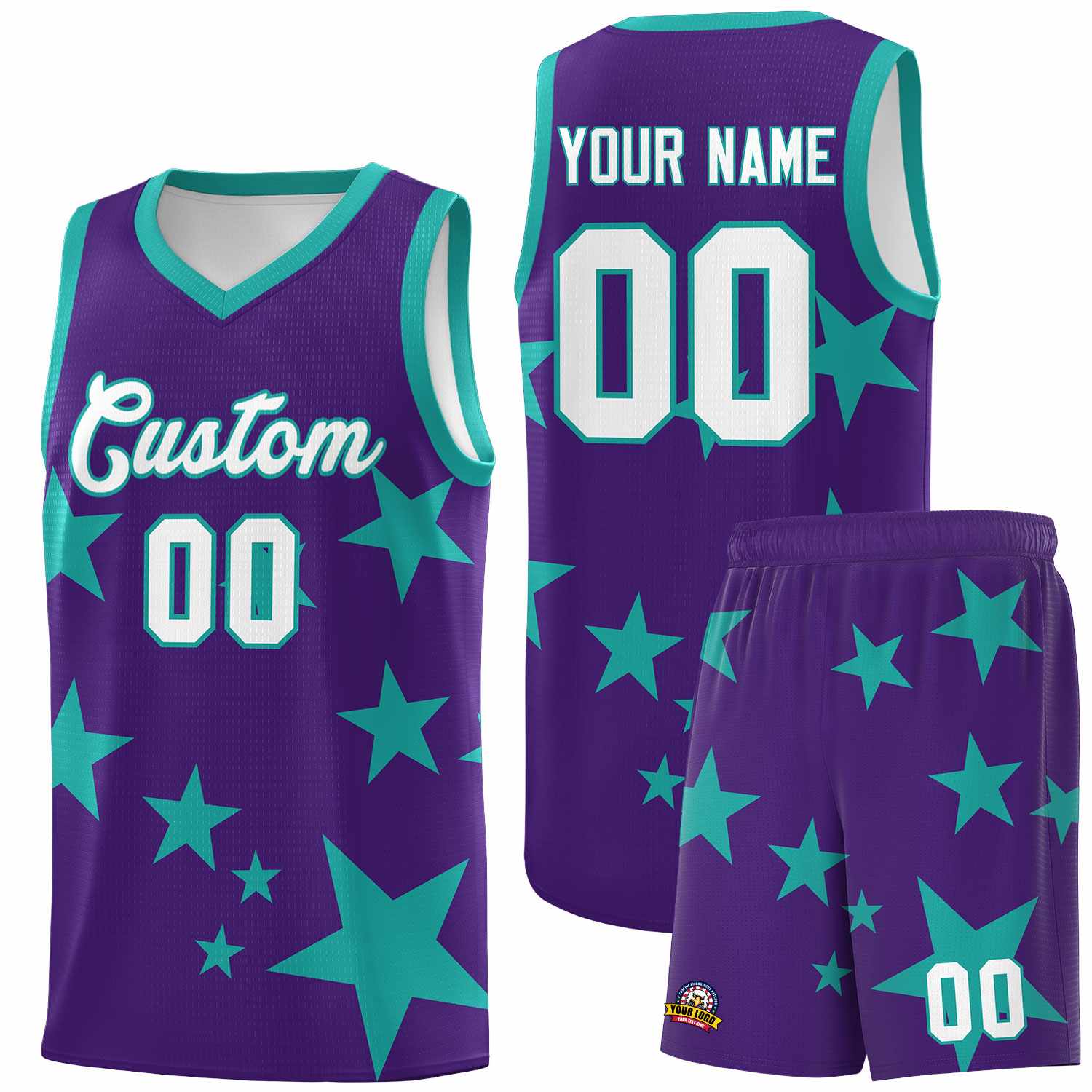 Custom Purple Aqua Graffiti Pattern Star Print Basketball Jersey Sets