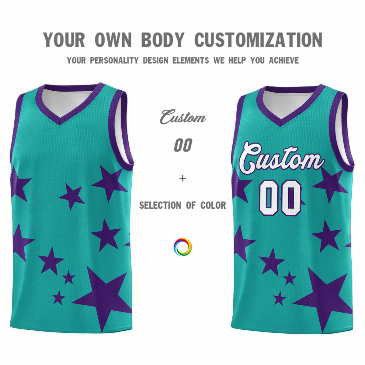 Custom Aqua Purple Graffiti Pattern Star Print Basketball Jersey Sets