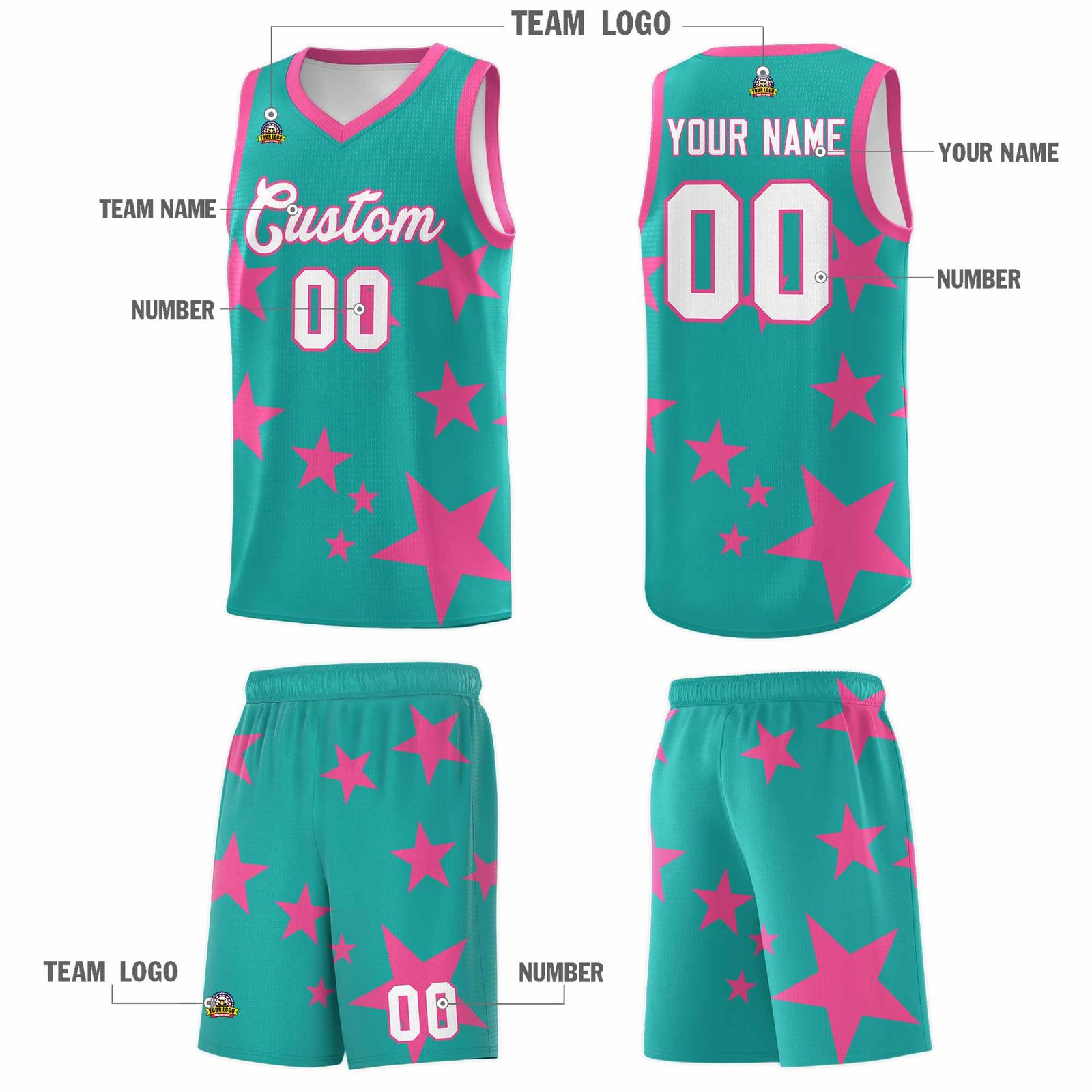 Custom Aqua Pink Graffiti Pattern Star Print Basketball Jersey Sets