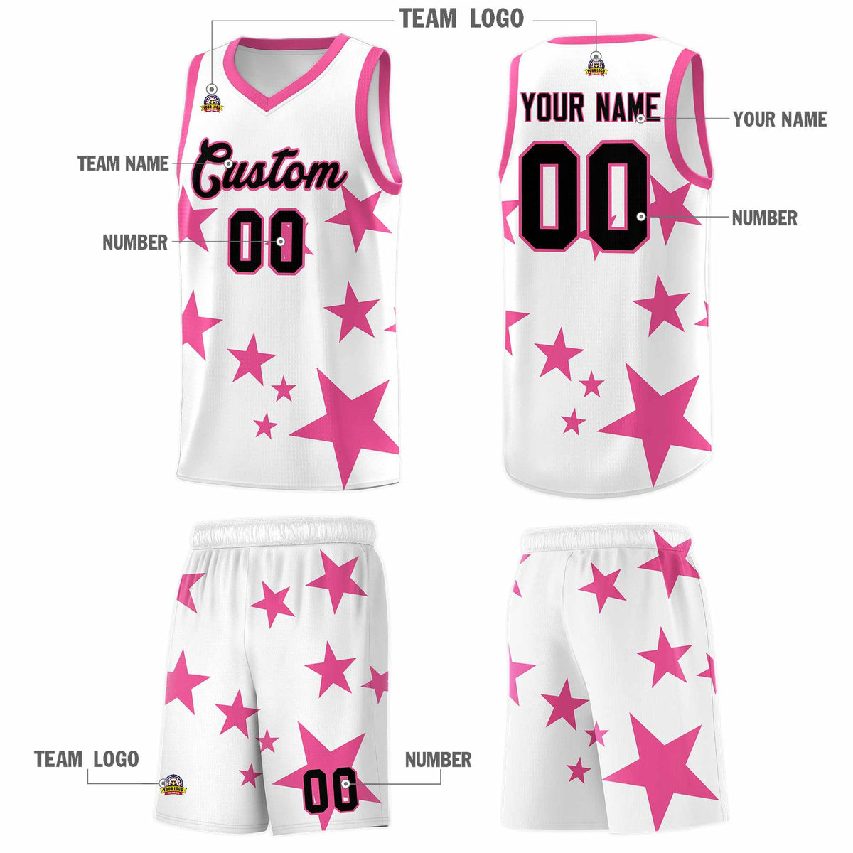 Custom White Pink Graffiti Pattern Star Print Basketball Jersey Sets