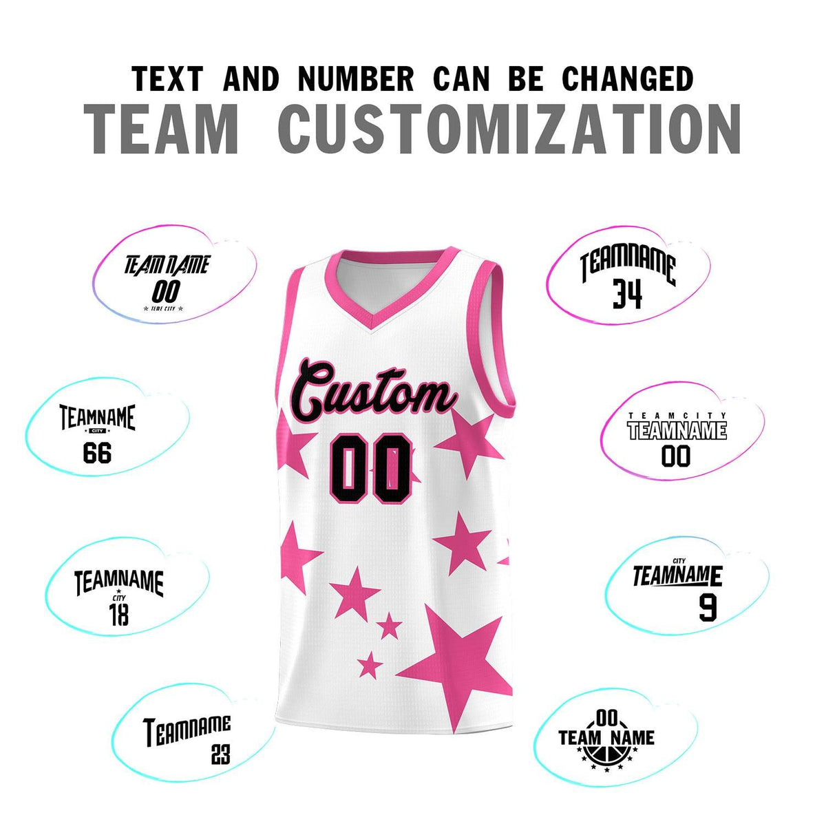 Custom White Pink Graffiti Pattern Star Print Basketball Jersey Sets