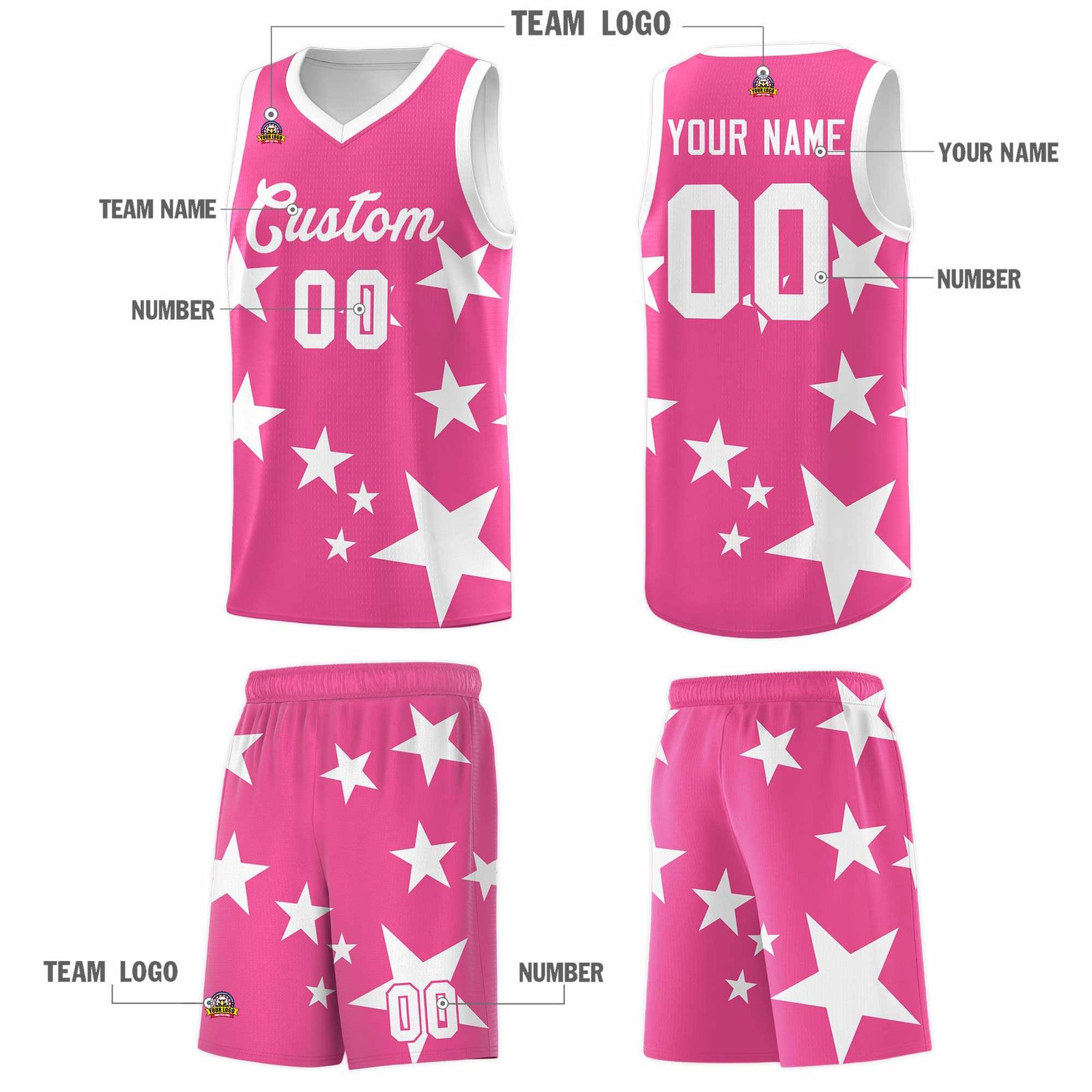 Custom Pink White Graffiti Pattern Star Print Basketball Jersey Sets