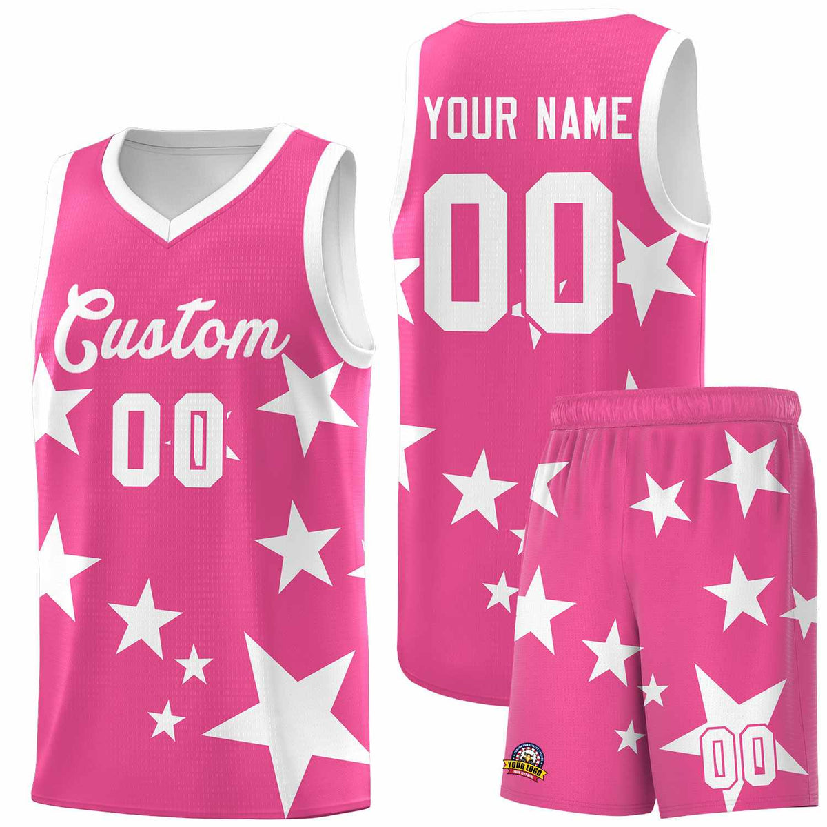 Custom Pink White Graffiti Pattern Star Print Basketball Jersey Sets