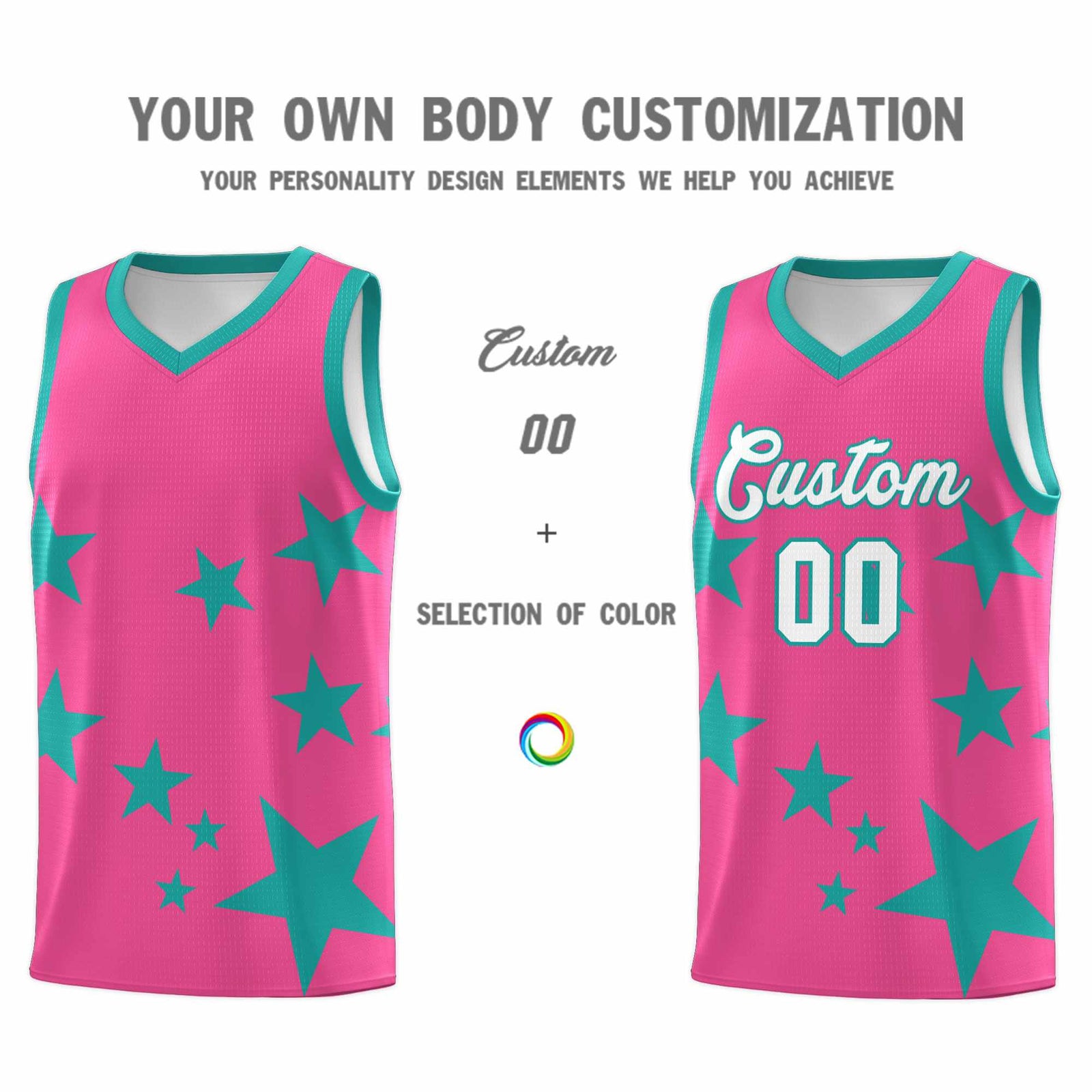Custom Pink Aqua Graffiti Pattern Star Print Basketball Jersey Sets