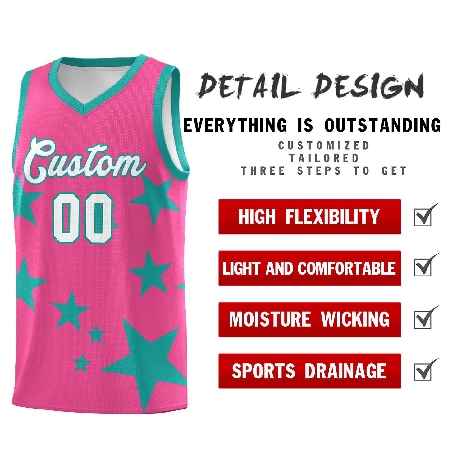 Custom Pink Aqua Graffiti Pattern Star Print Basketball Jersey Sets