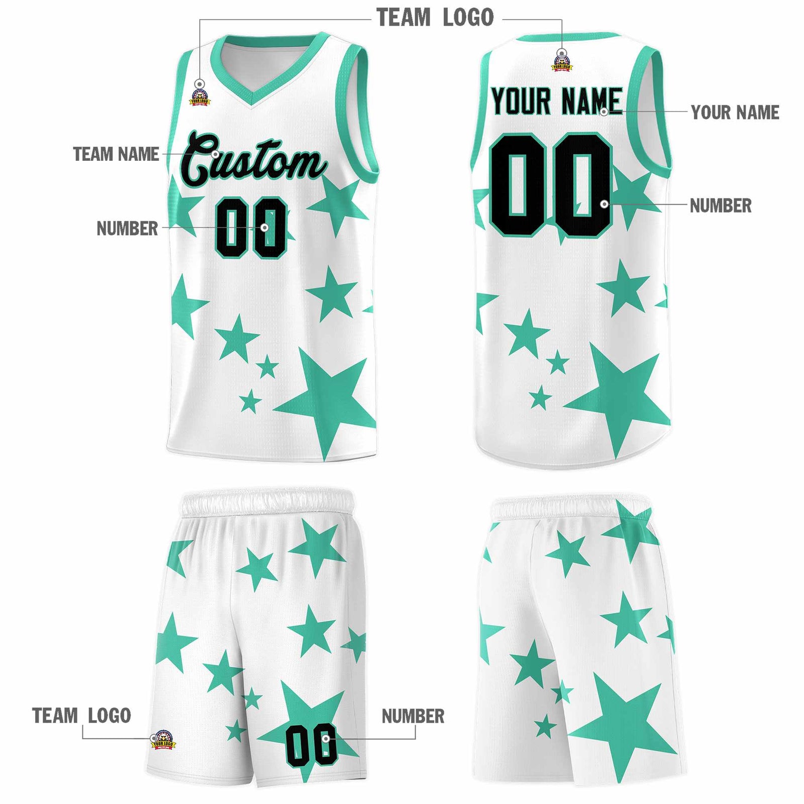 Custom White Bright Green Graffiti Pattern Star Print Basketball Jersey Sets