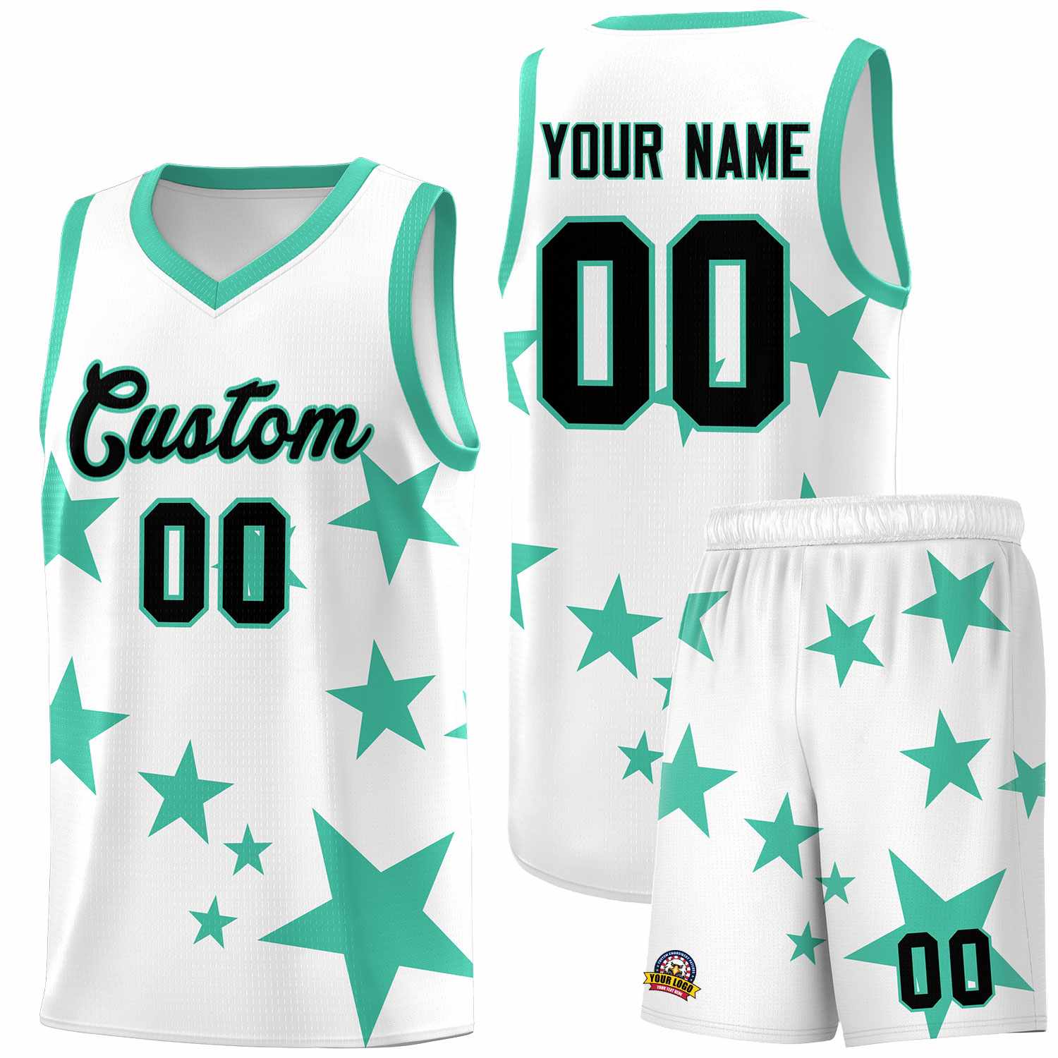 Custom White Bright Green Graffiti Pattern Star Print Basketball Jersey Sets