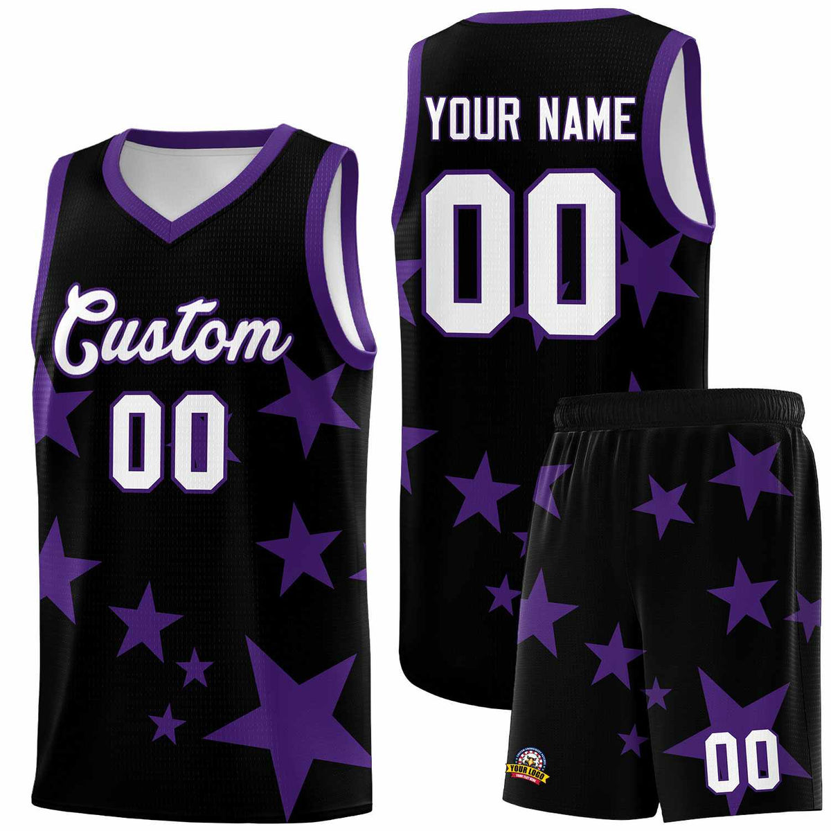 Custom Black Purple Graffiti Pattern Star Print Basketball Jersey Sets