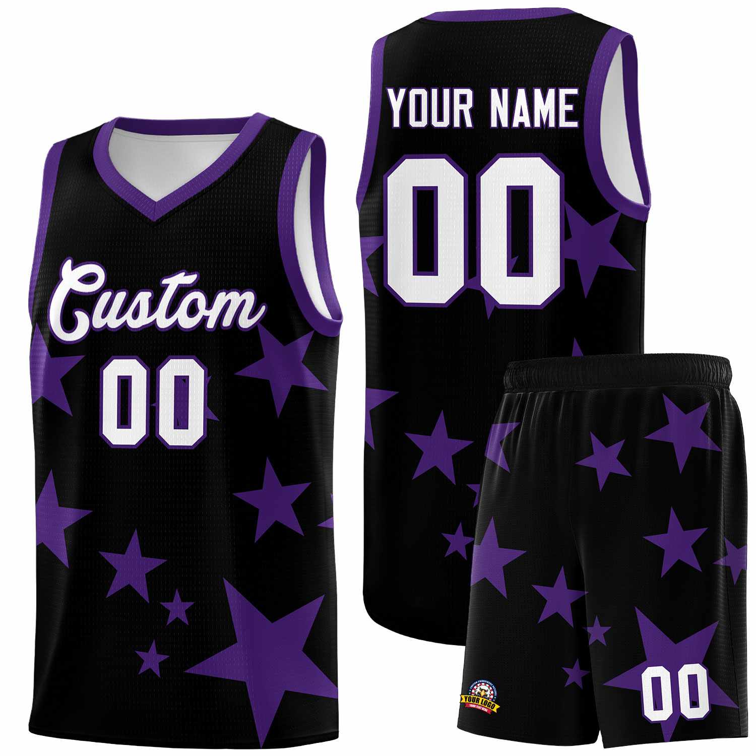 Custom Black Purple Graffiti Pattern Star Print Basketball Jersey Sets