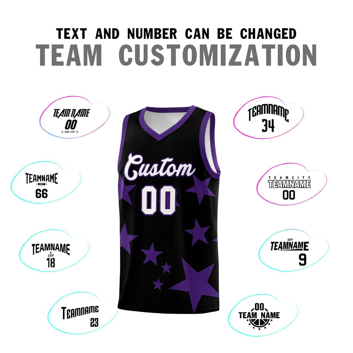 Custom Black Purple Graffiti Pattern Star Print Basketball Jersey Sets
