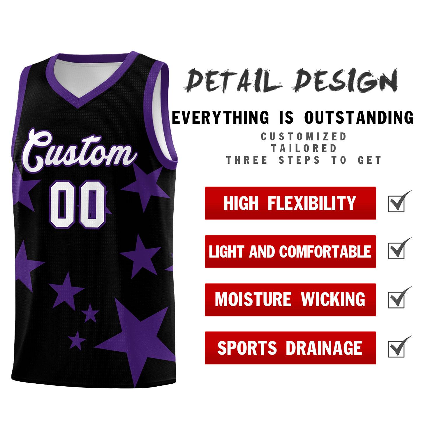 Custom Black Purple Graffiti Pattern Star Print Basketball Jersey Sets