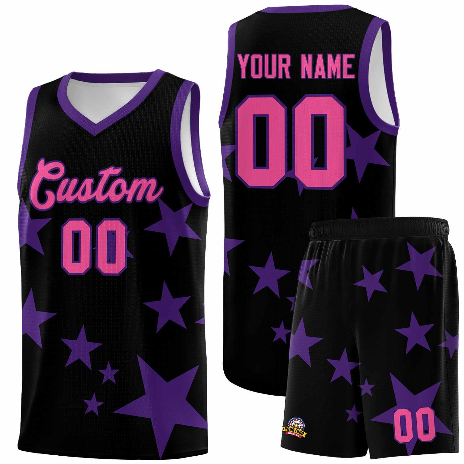 Custom Black Purple Graffiti Pattern Star Print Basketball Jersey Sets